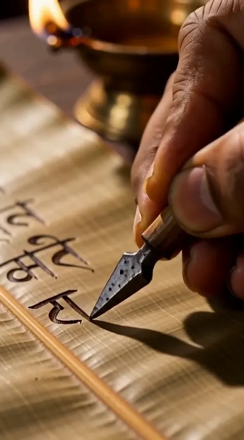A hand writing Devanagari letters on a palm leaf with a stylus.