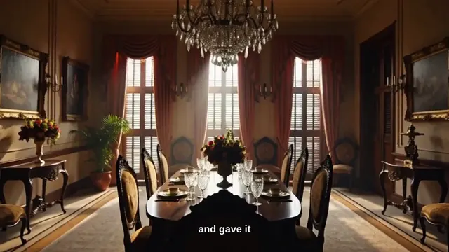 A grand dining room with a chandelier and high windows.